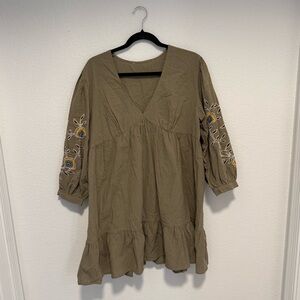 Embroidered Olive Green Linen Dress with Floral Sleeves M/L